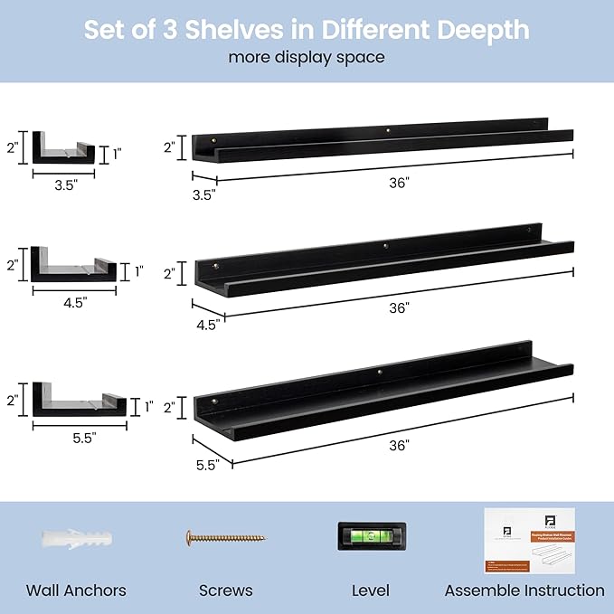 Picture Ledge Wall Shelves - 36 Inch Width Set of 3, Solid Pine Wood Rustic Floating Ledge Shelves for Kids' Room, Bedroom, Kitchen, Bathroom, Living Room, Nursery Display Wall Decor, Black-Ruum Studio Home