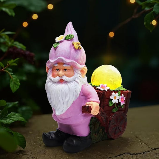 Solar Garden Gnome Statue with Crackle Glass Globe Lights, Waterproof Outdoor Decor for Patio, Lawn, or Yard, Whimsical Housewarming Gift(Pink Gnomes)-Ruum Studio Home