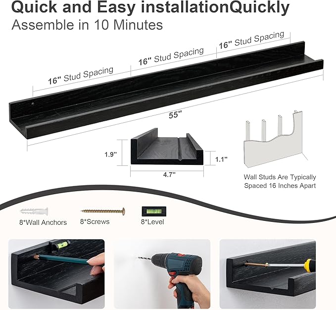 Floating Picture Ledge Shelves 55 Inch Solid Oak Wood Set of 2, Rustic Wall Storage Shelves with Lip, Kids Bookshelf, Photo & Picture Ledge Shelves for Bedroom, Living Room, Kitchen-Ruum Studio Home