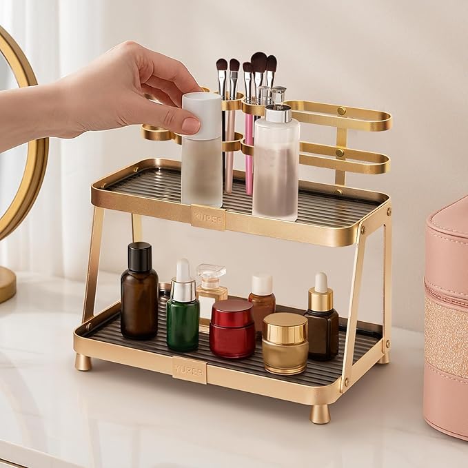 YUPER Bathroom Counter Organizer, 2-Tier Bathroom Organizer Countertop with Toothbrush Holder, Makeup Storage Shelf Vanity Tray Perfume Organizer, Bedroom Kicthen Counter Storage Sink Shelf Gold-Ruum Studio Home