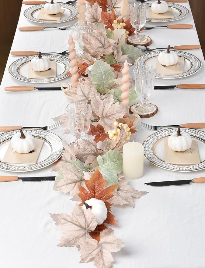 DearHouse Fall Maple Leaf Garland, 5.9Ft Hanging Vine Artificial Autumn Foliage for Thanksgiving, Home, Wedding, Fireplace, Party, Christmas Decor (White)-Ruum Studio Home