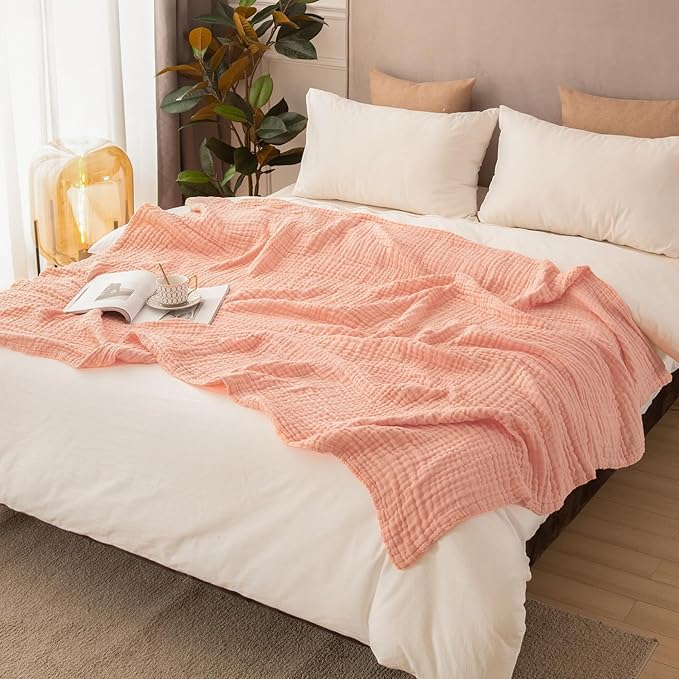 EMME Cotton Blanket Queen Size for Bed Soft Large Muslin Bed Blankets 90"x90" Lightweight Breathable All Season Gauze Blanket, Pink-Ruum Studio Home