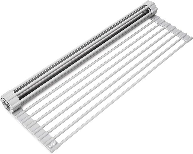 Surpahs Over Sink Foldable Multipurpose Roll-Up Dish Drying Rack, Silicone Wrapped Stainless Steel, Warm Gray, 20.5" x 13.1"-Ruum Studio Home