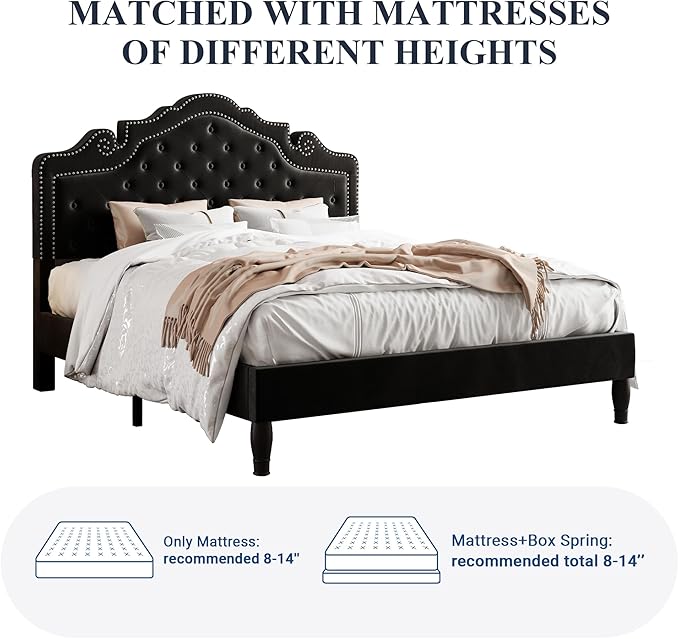 Allewie Queen Velvet Bed Frame with Adjustable Headboard, Wooden Slats, No Box Spring Needed, Easy Assembly, Black-Ruum Studio Home