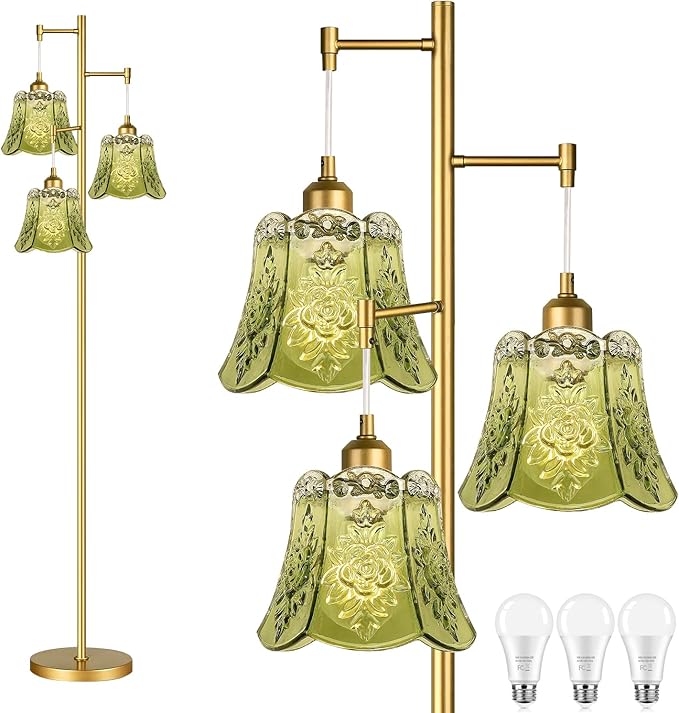 Gold Floor Lamp for Living Room,Bedroom,Tree 3 Light Standing Lamp Mid Century Modern Brass Tall Floor Lamps Vintage Retro Floor Lights Glass Green Flower Lamp Shade Farmhouse Boho Bohemian-Ruum Studio Home