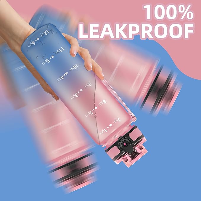 OLDLEY 32 oz Water Bottle, Motivational Water Bottle with Time Marker, Sports Water Bottle With Strap, Leakproof & BPA Free Large Water Bottles for School, Gym, Travel, Outdoor, Tritan,Pink&Blue-Ruum Studio Home