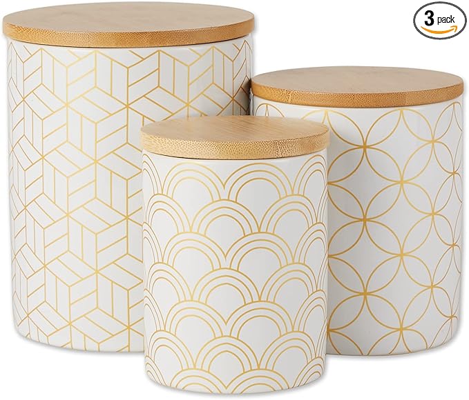 DII Kitchen Ceramics Collection, Canister Set, Mixed Print, White/Gold, 3 Piece-Ruum Studio Home