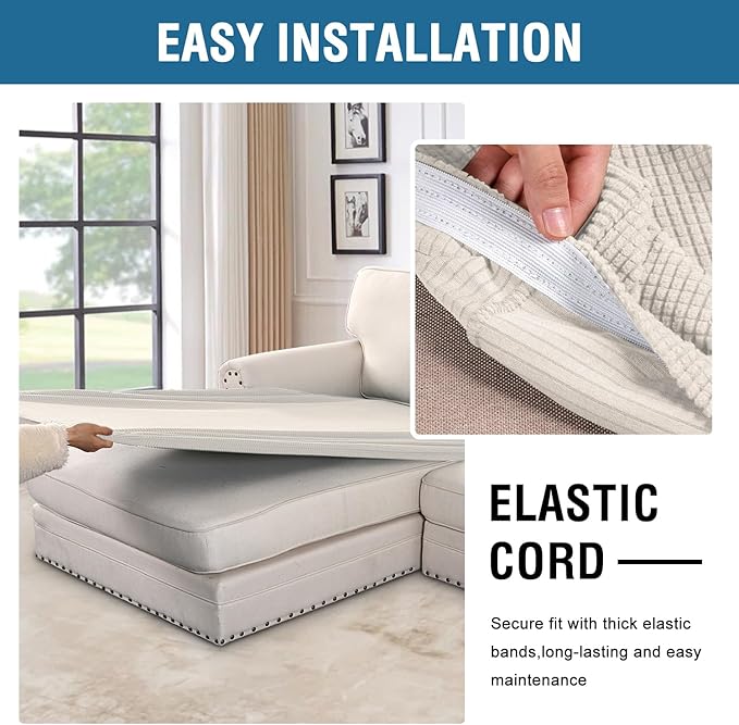 H.VERSAILTEX Super Stretch Individual Chaise Cover Sectional Couch Covers for L Shaped Sofa Both Left/Right Featuring Thick Jacquard Textured Twill Fabric (1 Piece Chaise Cover Large, Porcelain)-Ruum Studio Home