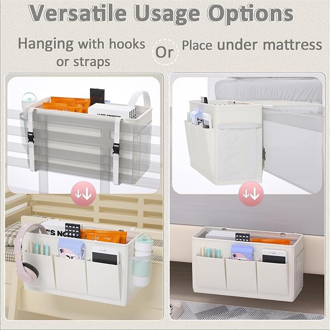 Dual-purpose Bedside Caddy Bedside Organizer, Bed Caddy with 6 Pockets, Versatile Bedside Storage Solution Magazine Remotes holder, ideal for Home, Dorm, Hospital, Crib Bed (White 2pcs)-Ruum Studio Home