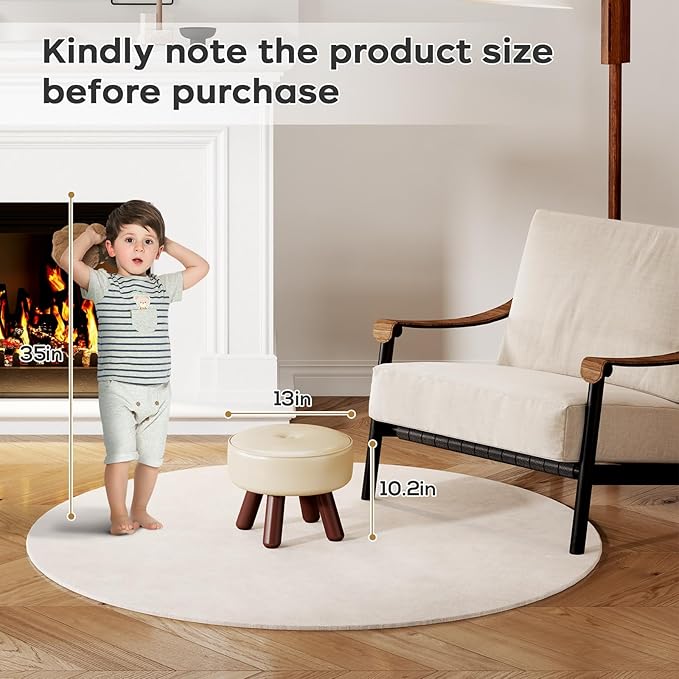 Small Foot Stool 13in, Round Faux Leaher Ottoman Foot Rest for Living Room, Under Desk Footstool Foot Rest with Non-Skid Rubber Legs for Bedroom, Entryway, 13''L x 13''W x 10.2''H, White-Ruum Studio Home