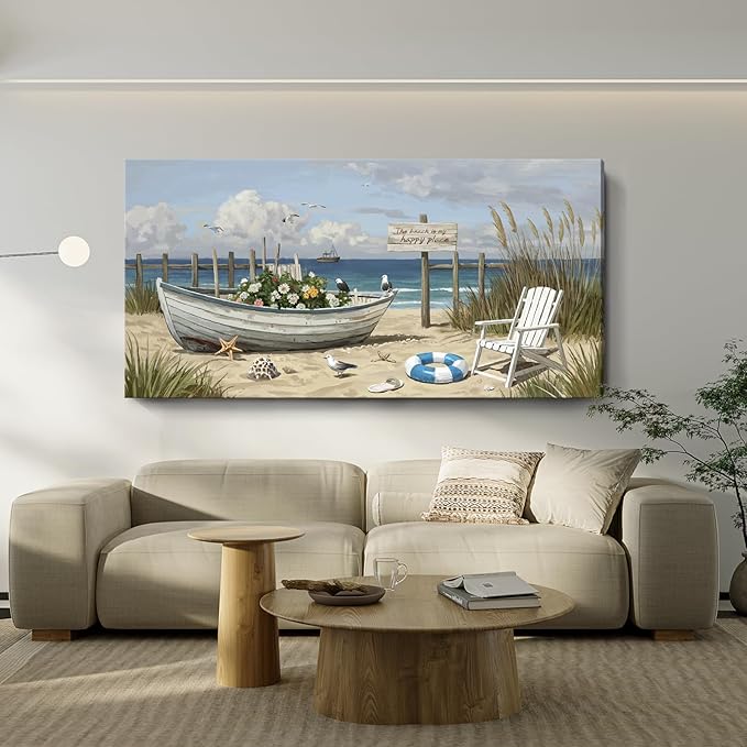 amatop Oversized Coastal Canvas Wall Art – Nautical Seaside Landscape Floral Boat on Sandy Beach Ocean Seabirds Horizontal Decor Large Wildflower Nature Artwork for Living Room Bedroom Office 58×29 Inch-Ruum Studio Home
