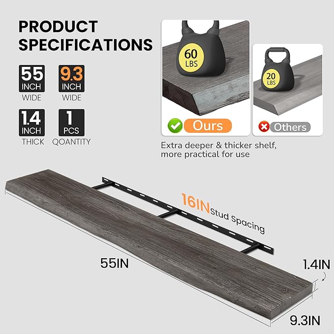 Floating Shelves for Wall, 55"x9.3" Rustic Solid Live-Edge Elm Wood Wall Shelves, Heavy-Duty Floating Shelves with Invisible Brackets, Set of 2 for Living Room, Bedroom, and Kitchen, Grey Finish-Ruum Studio Home