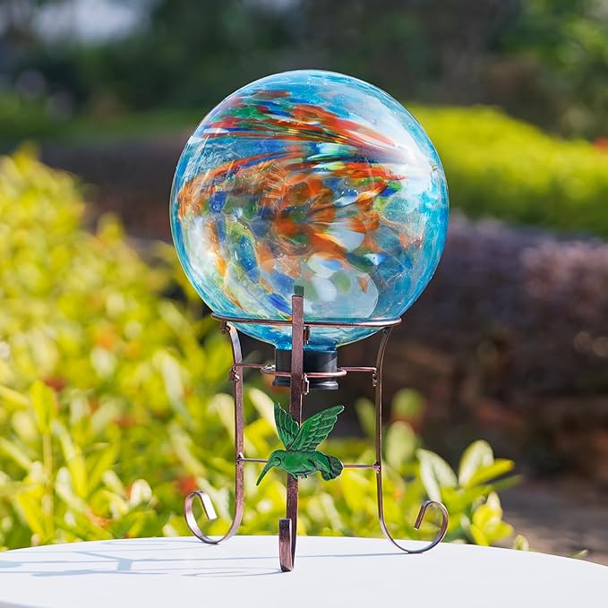 10 Inch Glass Gazing Ball, with 9.4" Tall Metal Gazing Globe Stand, Glass Balls Display Holder Set for Outdoor Garden Lawn Yard Decoration, Blue Artistic-Ruum Studio Home