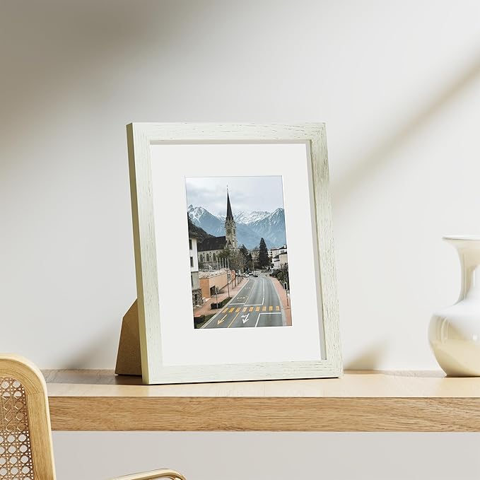 Vittanly 8x10 Picture Frames Set of 9, Shatter Resistant Plexiglass, Display 5x7 Pictures with Mat or 8x10 without Mat, Photo Frames for Wall or Tabletop, Engineered Wood, Whitemist-Ruum Studio Home