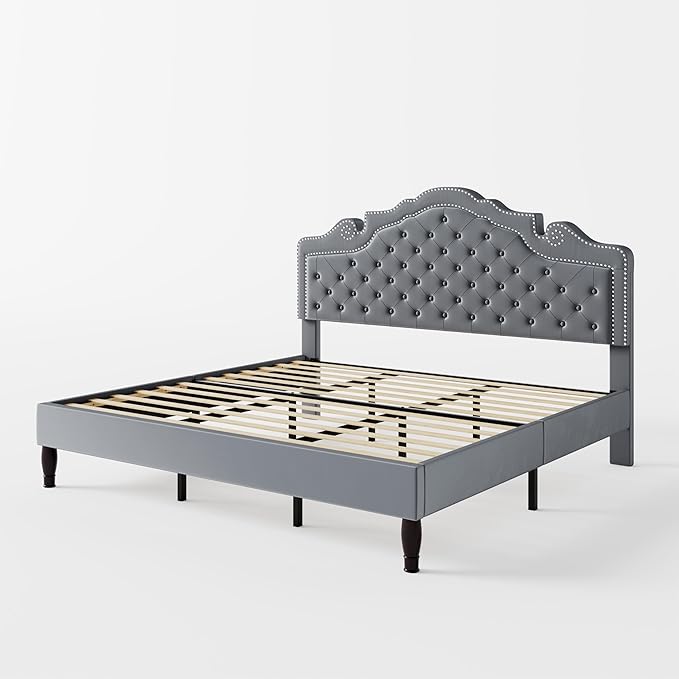 Allewie King Size Bed Frame with Adjustable Velvet Tiara Headboard, Upholstered Diamond Button Tufted Platform Bed, Wood Slats Support, No Box Spring Needed, Light Grey-Ruum Studio Home