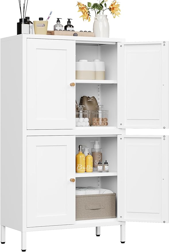 White Storage Cabinet with 4 Doors and 2 Adjustable Shelves,Narrow Food Pantry Cabinet with Leg,24 inch Wide Bathroom Cabinets,Small Metal Storage Cabinets for Home Kitchen,Dining/Living/Laundry/Room-Ruum Studio Home
