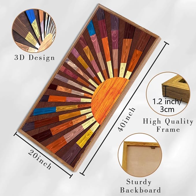 IARTTOP Extra Large Boho Sun Wood Wall Art for Living Room Wooden 3D Framed Abstract Sun Rising on the Horizon Geometric Wall Decor Mid century Sunshine Artwork Home Bedroom Office20 * 40 Inch-Ruum Studio Home