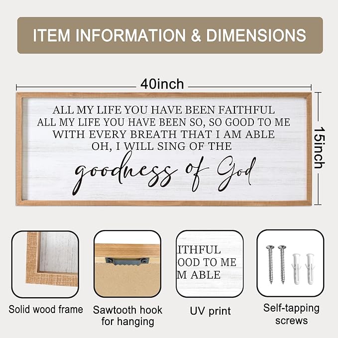 Goodness of God Framed Wall Art, 40''×15'' Positive Religious Natural Bible Verse for Christian God Jesus Christ Prayer, Vintage Rustic Long Holy Catholic Scripture Decor-Ruum Studio Home