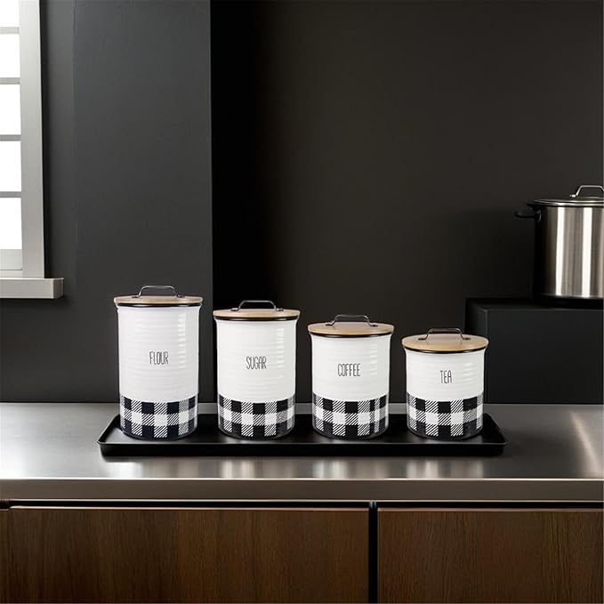 Young's Inc. 4 Pcs Set Plaid with Bamboo Lids Ceramic Canisters- Storage Container for Kitchen and Bathroom - Beautiful Home Decor Accent to Store Food, Coffee, Tea, and More - Black, White-Ruum Studio Home