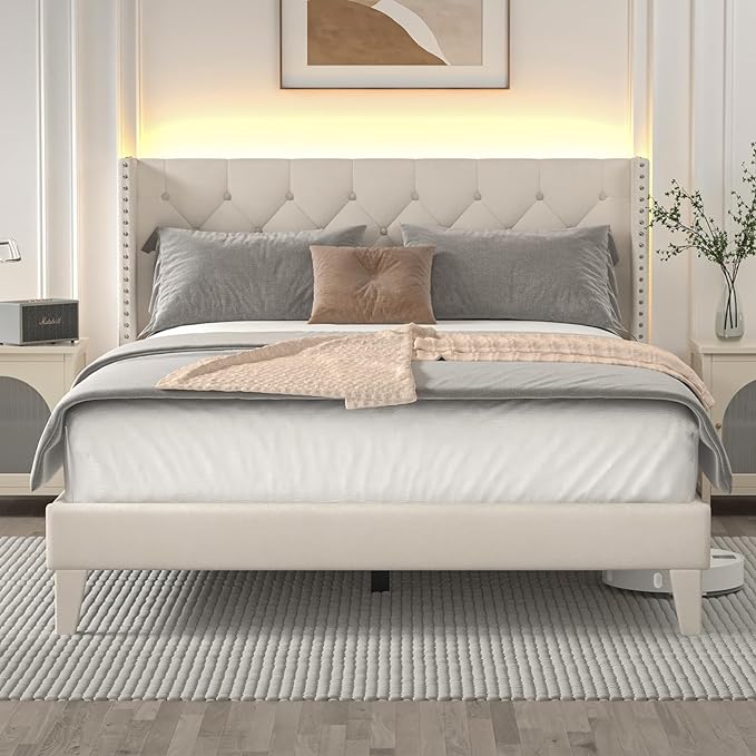 Full Size Bed Frame with Wingback Headboard, Upholstered Platform Bed Frame with Diamond Tufted Headboard & Lights, Wood Slat, Easy Assembly, Noise-Free, No Box Spring Needed, Beige-Ruum Studio Home