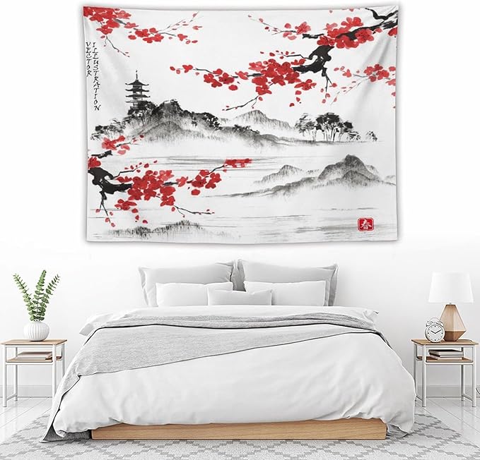 Cherry Blossoms Tapestry, Japanese Fuji Mountain Tapestry, Asian Japanese Wall Tapestry, Nature Landscape Tapestries for Bedroom Living Room Decor 80"x60"-Ruum Studio Home