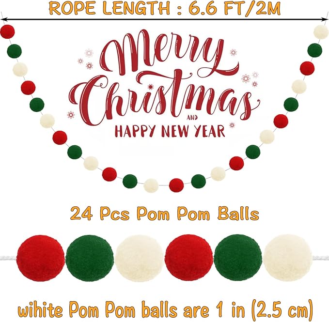Jishi Christmas Pom Pom Garland Christmas Decorations for Tree Indoor Home Room Decor 3pk Cute Hanging Felt Ball Red White Green Pompom Bead Ornament String Banner Garland Xmas Birthday Party Supplies-Ruum Studio Home