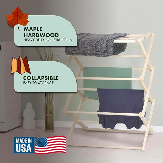 Pennsylvania Woodworks Premium American Maple Clothes Drying Rack - Handcrafted in Pennsylvania - Solid Wood Construction, Collapsible, Eco-Friendly Laundry Solution (Medium)-Ruum Studio Home
