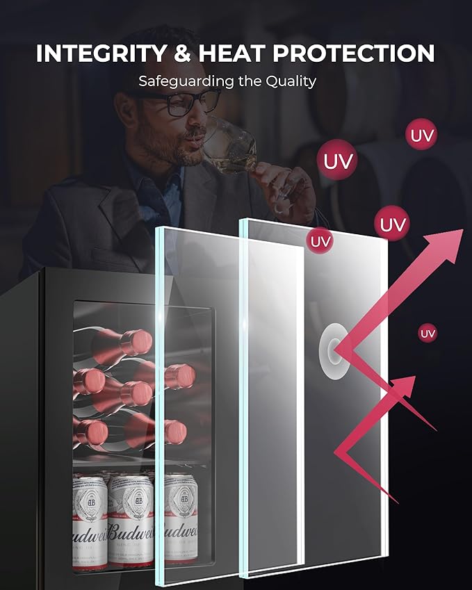 6 Bottles and 6 Cans Compact Beverage Refrigerator, Freestanding Mini Fridge with Temperature Control for Beer Wine, Under Counter Small Refrigerator Adjustable Shelve & Glass Door for Home and Bar-Ruum Studio Home