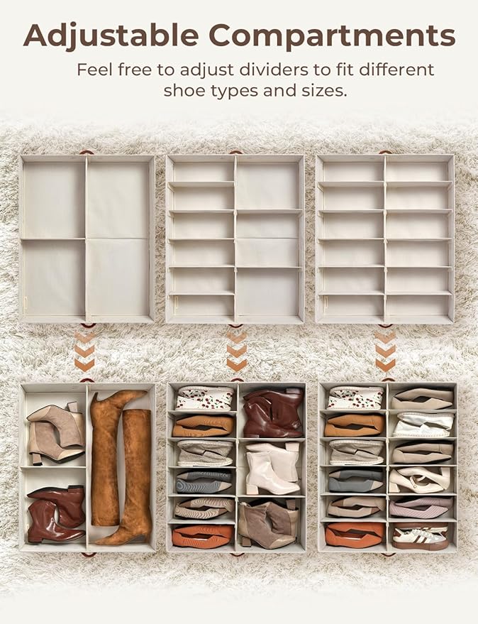 StorageWorks Shoe Organizer Under Bed for Closet, 2-Pack Ultra-thick Fabric Shoe Storage Containers with Bottom Support and Adjustable Dividers, Fits up to 24 Pairs, Beige-Ruum Studio Home