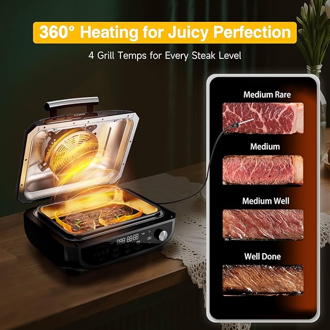 Indoor Grill and Air Fryer Combo with Ceramic Accessories, 7-IN-1 Digital Display, 5.2 QT Electric Smokeless, 500°F Max, Large View Window, Roast, Bake & Dehydrate, Adjustable Temps, Easy Clean-Ruum Studio Home