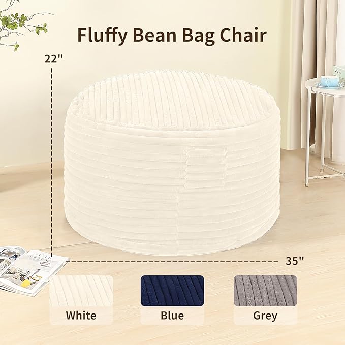 Memory Foam Bean Bag Chair for Adults/Teens, Bean Bag Sofa with Fluffy Removable Cover, for Living Room Bedroom, 3FT White-Ruum Studio Home