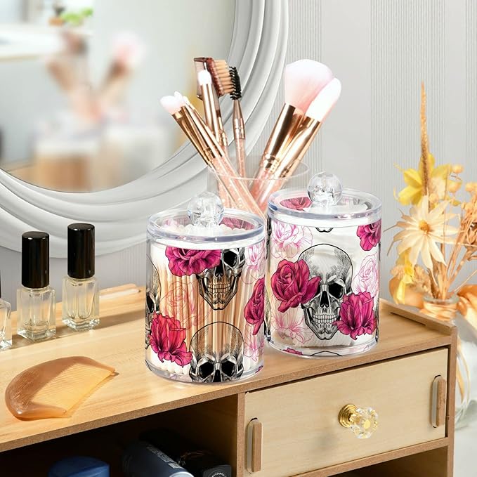 2 Pack Qtip Holder Dispenser Skull Rose Flower Bathroom Storage Canister Lid Acrylic Plastic Apothecary Jar Set Vanity Makeup Organizer for Cotton Swab/Ball/Round Pads, Floss-Ruum Studio Home
