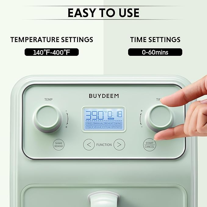 BUYDEEM F51 8-in-1 Air Fryer 4.2QT, Retro Countertop Airfryer Oven with Visible Window, Shake Reminder, One-touch Control with LCD Display, Cozy Greenish-Ruum Studio Home