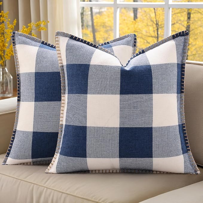 decorUhome Buffalo Plaid Check Throw Pillow Covers 20x20 Set of 2, Outdoor Decorative Farmhouse Neutral Pillow Covers with Stitched Edge for Bed Couch Sofa, Navy Blue and White-Ruum Studio Home