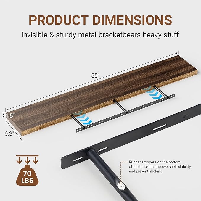Heimlove 55 Inch Long Floating Shelves for Wall,9.3" Deep Walnut Floating Shelves Set of 2,Large Display Shelf & Storage Shelf,Wall Shelves for Bedroom Living Room Kitchen Office,Wall Mounted Shelf-Ruum Studio Home