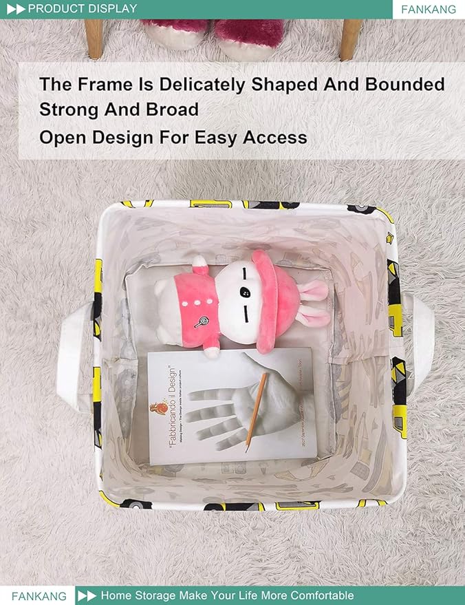 FANKANG Square Nursery Hamper Storage Bins Canvas Laundry Basket Foldable with Waterproof PE Coating Storage Baskets Gift Baskets for Children, Office, Bedroom, Clothes（Square-Engineering ）-Ruum Studio Home