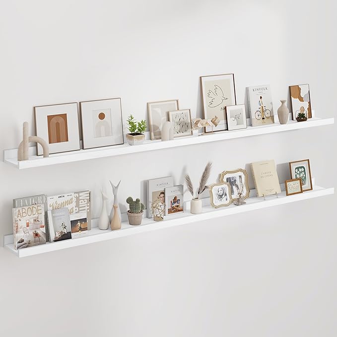 Floating Picture Ledge Shelves 72 Inch Solid Oak Wood Set of 2, Rustic Wall Storage Shelves with Lip, Kids Bookshelf, Photo & Picture Ledge Shelves for Bedroom, Living Room, Kitchen-Ruum Studio Home