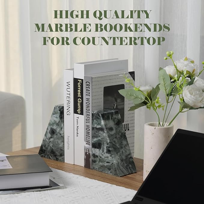 Marble Bookends for Heavy Books, Decorative Bookends for Shelves, Green Stone Book Ends, Heavy-Duty Book Ends for Hardback Book & Cookbooks, Unique Book Stopper & Holder, Set of 2-Ruum Studio Home