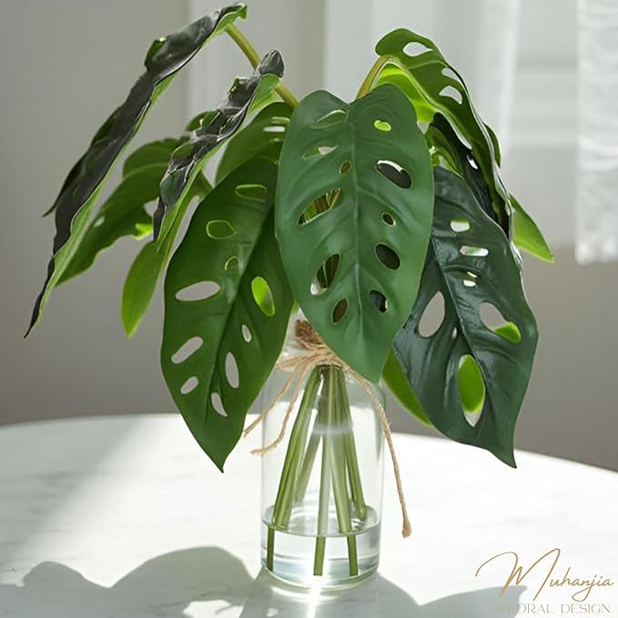 Artificial Flowers Turtle-Back, Alocasia Leaf, in Glass Vase with Faux Water,7Pcs Artificial Leaves Real Touch Latex Leaves for Centerpiece (1, Turtle-Back Leaf)-Ruum Studio Home