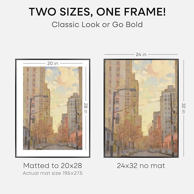 Homeforia 24x32 Poster Frame Black, High End Metal 24 x 32 Large Picture Frames with Mat 20 x 28 for Photo, 24x32 Thin Frame Matted to 20x28 inch Print, 32x24 Frame, Tempered Glass, Wall Kit, Set of 1-Ruum Studio Home