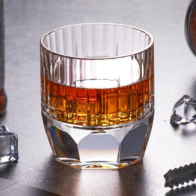 KAMMAK Crystal Whiskey Glasses Set of 2, 7.44oz Old Fashioned Glasses Stemless, Luxury Hand Blown White Cocktail Glasses, Handcrafted Cut Design Octagon Cup for Women, Men Gift for Bourbon-Ruum Studio Home