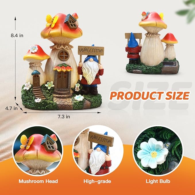 Solar Garden Statue Lights Mushroom Fairy House Figurine, Outdoor Memorial Garden Ornaments Waterproof Decoration for Outside Patio Yard Lawn Decor-Ruum Studio Home