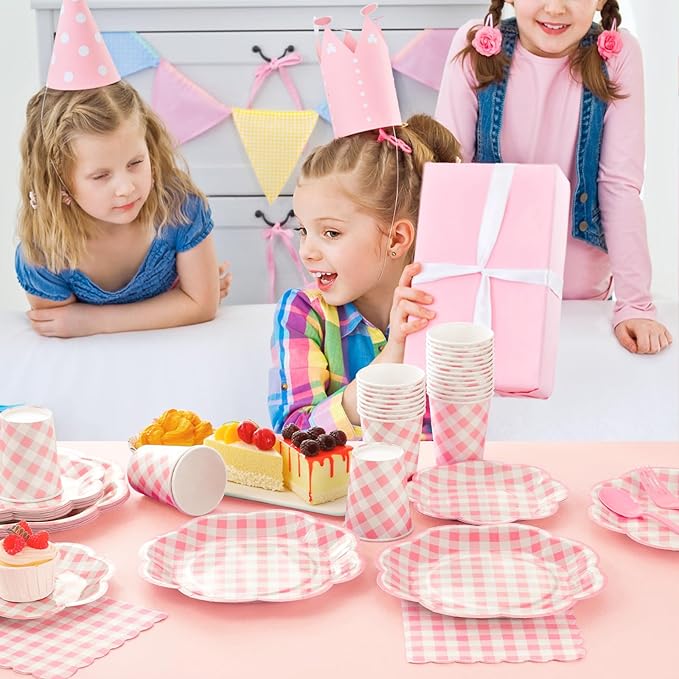 350 Pcs Pink Gingham Plates and Napkins Party Supplies - Pink and White Checkered Plates Sets Serve 50 Guests - Scalloped Gingham Paper Plate for Birthday Wedding Picnic Party Decorations-Ruum Studio Home