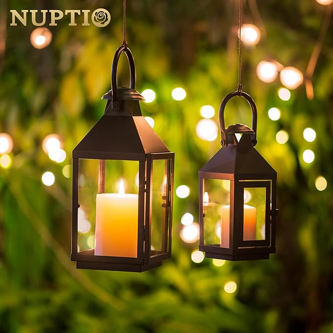 NUPTIO Black Decorative Candle Lantern: Metal Pillar Candle Holders for Table Centerpiece - 10.2in Tall Hanging Lanterns for Outdoor Wedding Party Home Living Room Fireplace Decor-Ruum Studio Home