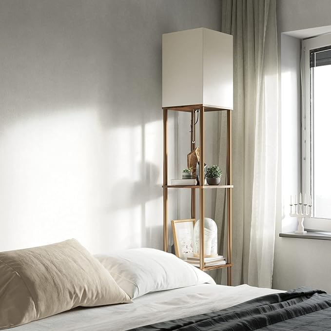 SUNMORY Floor Lamp with Shelves, Modern Square Standing Lamp with 3 Color Temperature Bulb, Corner Display Bookshelf Lamp for Living Room and Bedroom (Rustic Brown)-Ruum Studio Home
