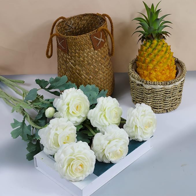 Artificial Ranunculus Long Stem Buttercup Silk Flowers 6pcs for Home Decor and Wedding Decorations(White 1)-Ruum Studio Home