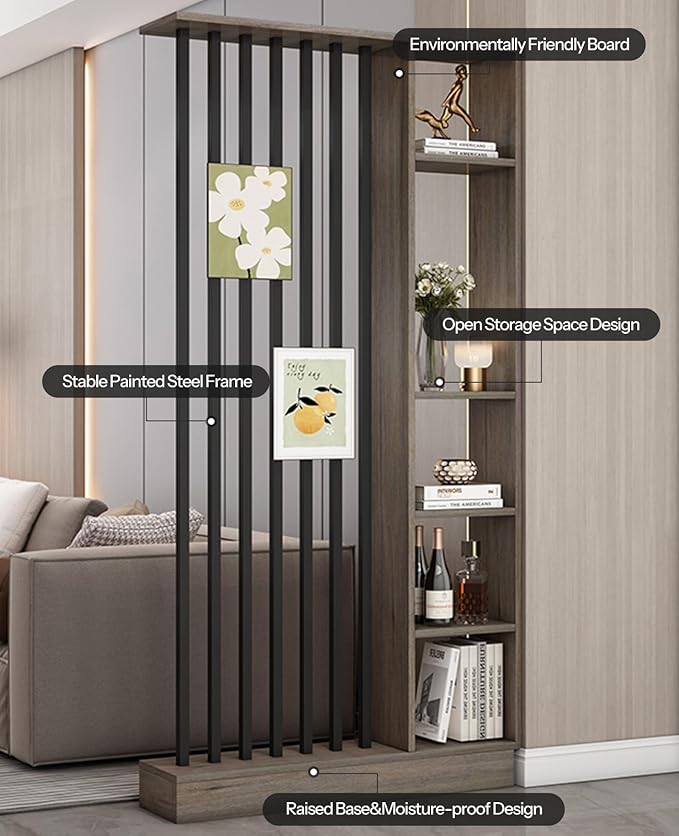 Wall Room Divider, Storage Cabinet Storage Display with Shelves, Modern Freestanding Wood Room Divider Screen, Wall Privacy Screens for Home Decorative (Grey Oak+Black,39.5" L x 9.5" W x 79.5" H)-Ruum Studio Home