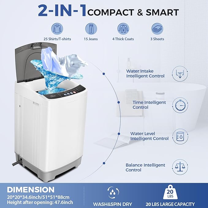 Nictemaw Portable Washing Machine 20Lbs Portable Washer Machine with Drain Pump, 2.8 Cu.ft Compact Washer with 10 Programs 8 Water Levels Small Washing Machine for Apartment, Home, Dorms, Rv-Ruum Studio Home