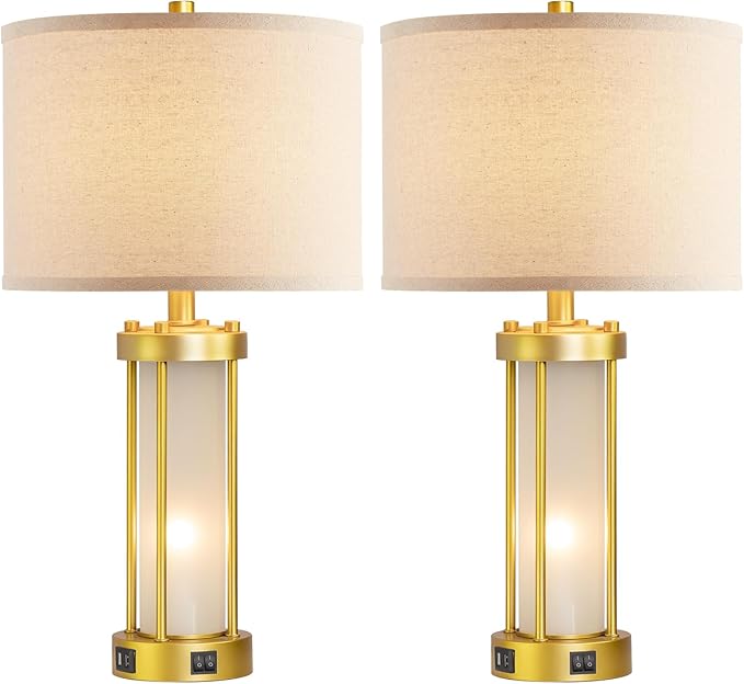 RORIA Modern Table Lamps for Living Room Set of 2, Farmhouse Bedroom Lamps for Nightstands with Dual USB Ports, Gold Bedside Lamps with White Frosted Glass Nightlight, 4 Bulbs Includes (Gold)-Ruum Studio Home