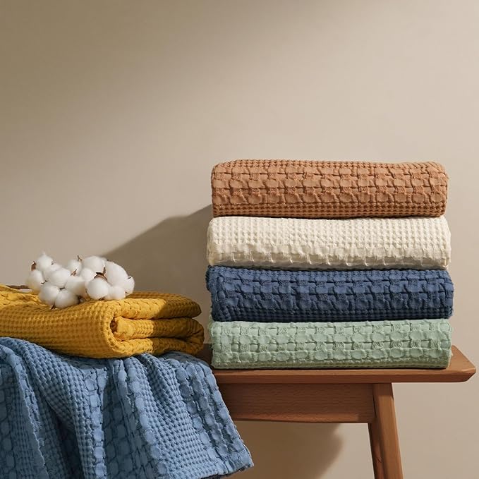 PHF 100% Cotton Waffle Weave Throw Blanket, Soft Lightweight Breathable Cozy Summer Throws for Couch Bed Sofa, Luxury Aesthetic Woven Blanket for Home Decor & Office, 50"x60", Sage Green-Ruum Studio Home